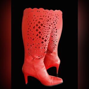 Red leather laser cut lace high boots 4”heel 6.5 Bellini fabulous color sexy